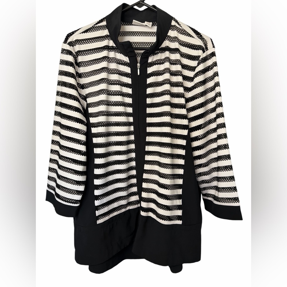 weekend by chicos Stripe Jayme Mesh Jacket 3/4 Sleeves